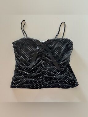 Rebellious Dreamer Coquette Polka Dot Bow Ruched Mesh Tank Top Crop XL